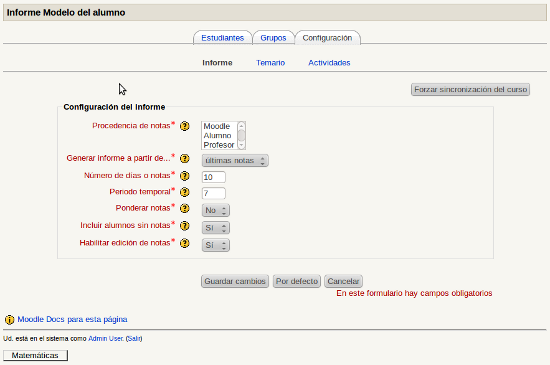 Figura 2. Configuración del informe